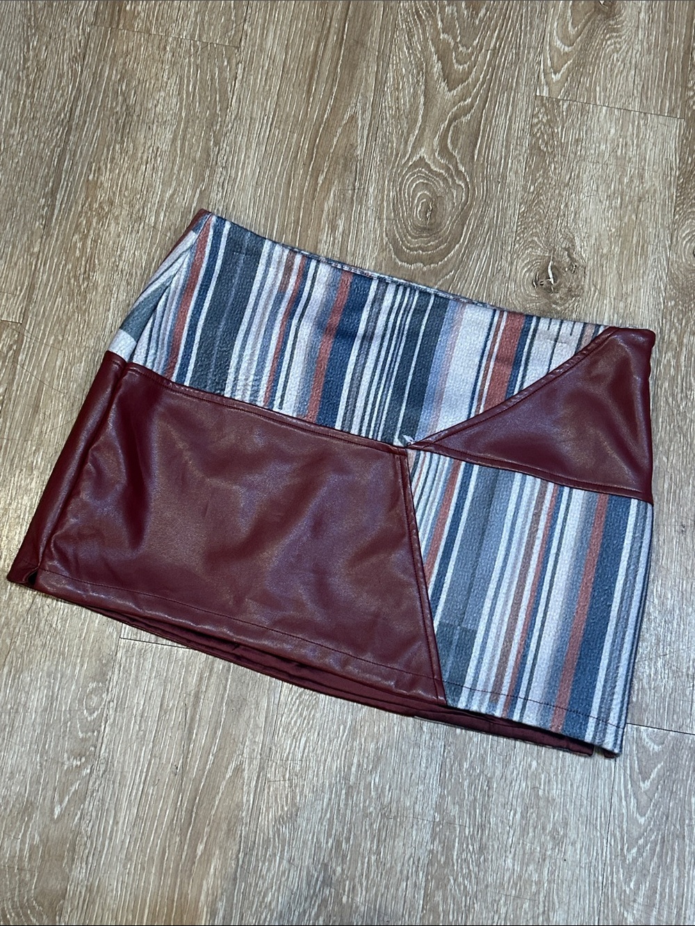 AKIRA Burgundy Faux-Leather & Multicolor Striped Mini Skirt
